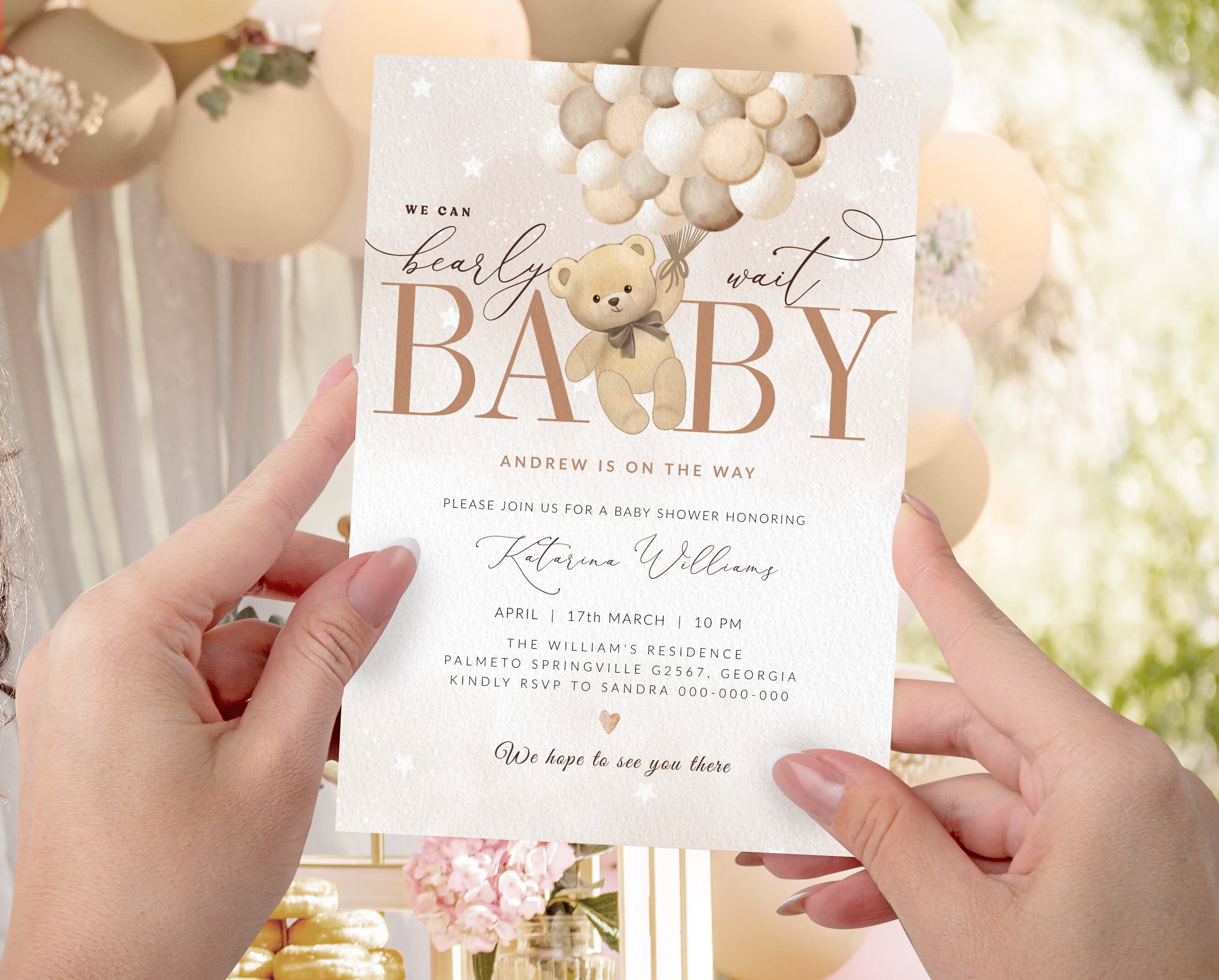 Editable We Can Bearly Wait Baby Shower Invitation Teddy Bear Hot Air ...