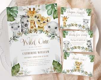 May include: A baby shower invitation with a jungle theme. The invitation features a giraffe, zebra, lion, and elephant with green leaves and gold lettering. The text reads "A Little Wild One is on the way. Join us for a baby shower honouring Catherine William. Saturday April 17th at 10 PM. The William's Residence, Palmetto Springville G2567, Georgia. Kindly RSVP to Sandra 000-000-000 by 30th of September, 202X."