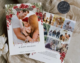 Editable Christmas  Photo Card Template, Red Greenery Merry Christmas Cards Template, Instant Download #CC66