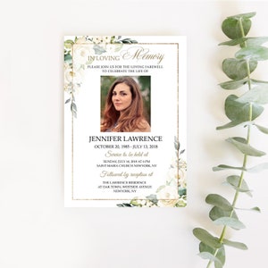 Modèle de carte d'invitation aux funérailles de roses blanches Modèle de faire-part pour les funérailles Fleur en souvenir des services commémoratifs imprimable #F15
