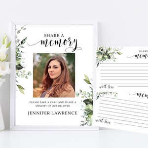 Share a memory cards & sign leaves greenery, funeral memory card, printable share a memory card, funeral memory card botanical green F12