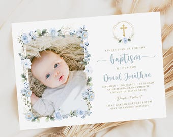 May include: A blue and white floral baptism invitation with a photo of a baby boy. The invitation includes the text "Kindly join us for the baptism of our son Daniel Jonathan" and details about the event.