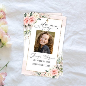 Pink Blush Roses Editable Funeral Prayer Card Template Floral Memorial Prayer Card Funeral Prayer Card Printable 2"x3,5" & 3"x5" #F21