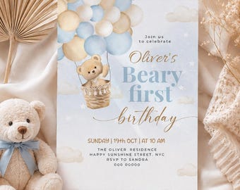 Editable Blue Teddy Bear First Birthday Invitation card (Digital Template) #BD21