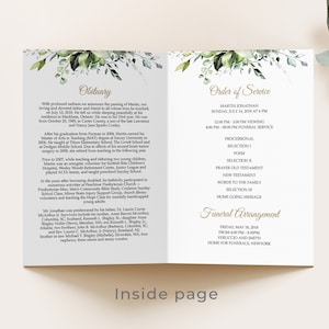 Editable Funeral Program Template, Funeral Memorial, Greenery Order Of Service, Celebration Of Life Program, Instant download