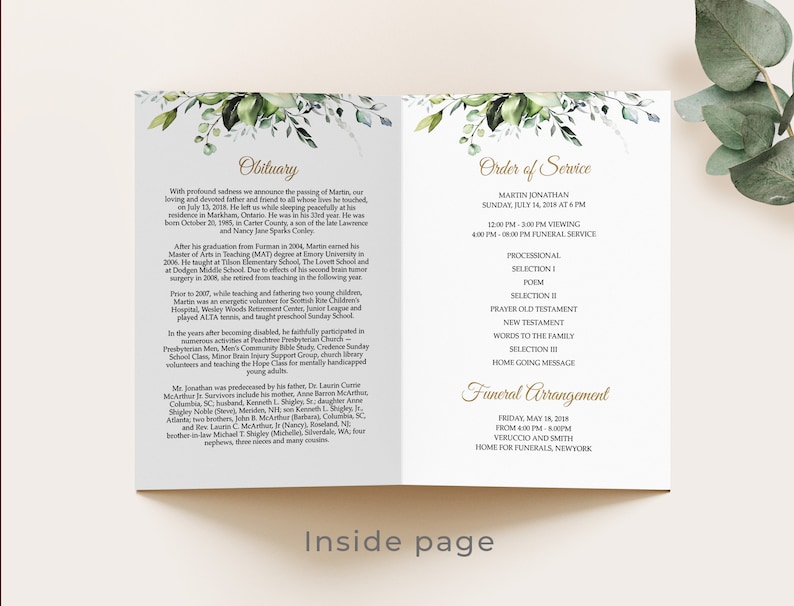 Editable Funeral Program Template, Funeral Memorial, Greenery Order Of Service, Celebration Of Life Program, Instant download