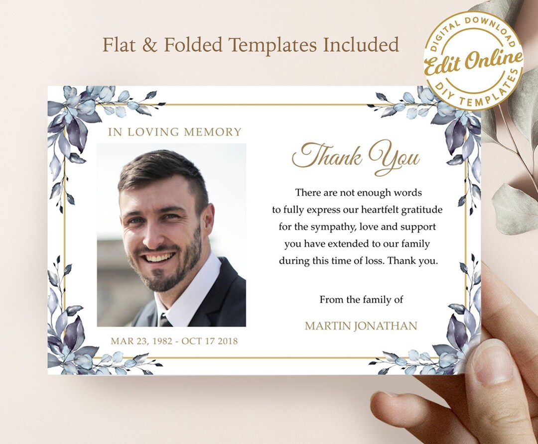 Watercolor Blue Leaves for Man and Woman Funeral Thank You Card ...