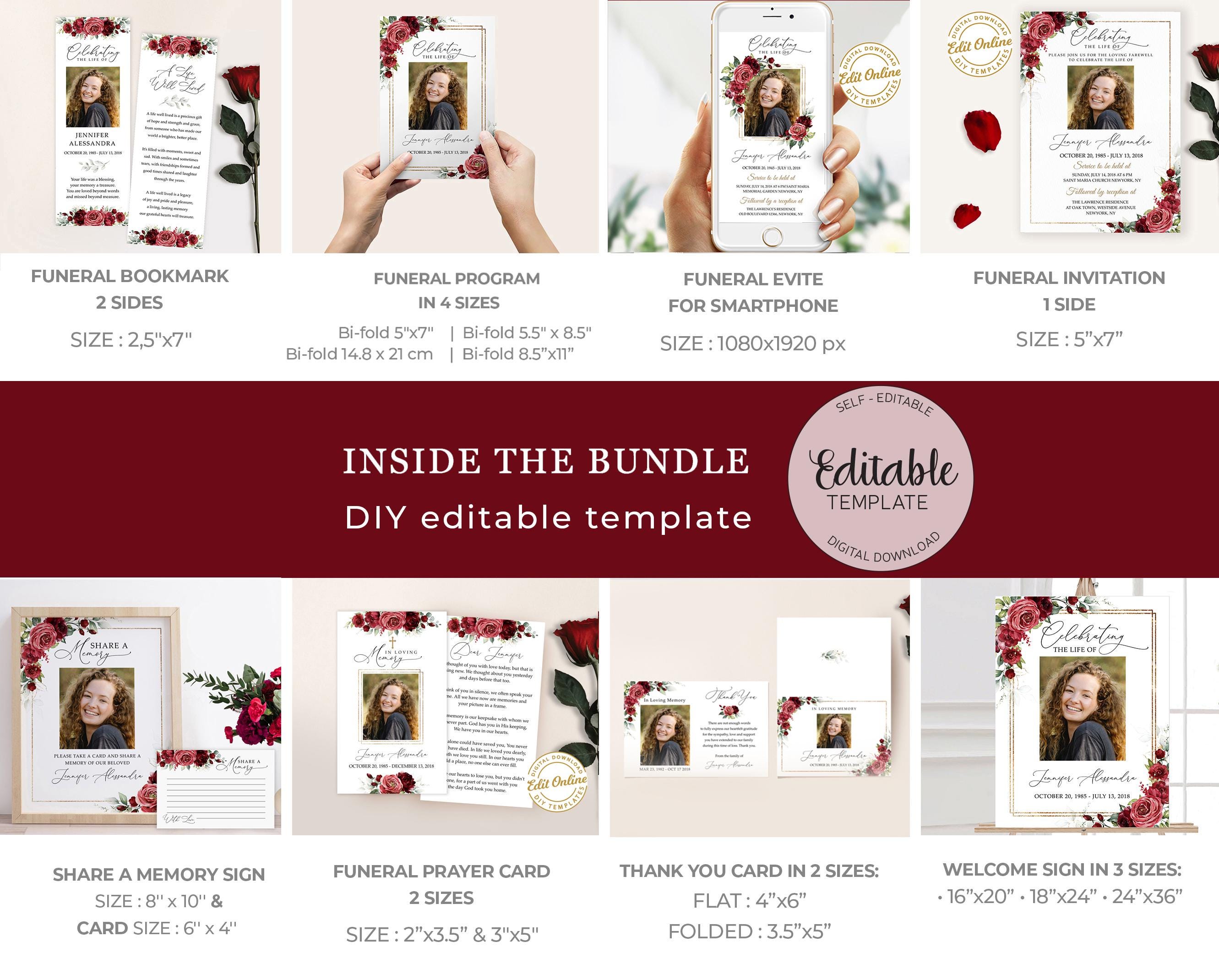 Editable Funeral Bundle Template Red Roses, Flower Celebration of Life ...