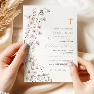 Girls First Communion Invitation Template, Pink Wildflower First Communion, Printable Invite, Instant Download, Editable Invitation