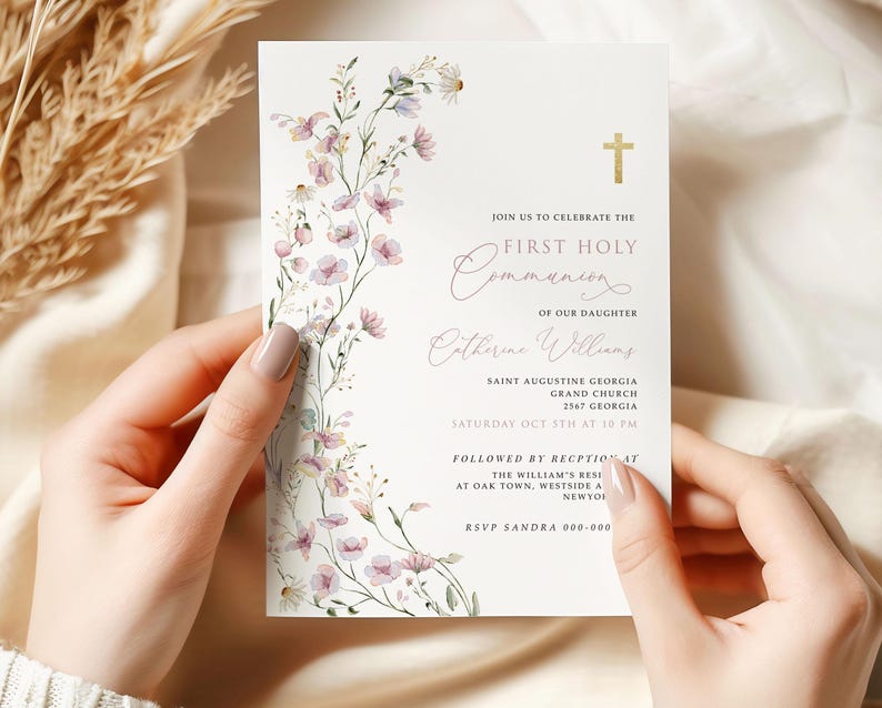 Girls First Communion Invitation Template, Pink Wildflower First Communion, Printable Invite, Instant Download, Editable Invitation