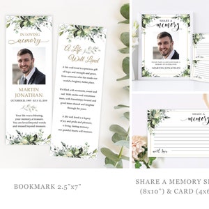 May include: A set of printable memorial templates featuring a green floral design. The set includes a bookmark with a photo placeholder, a sign that says "Share a Memory" and a smaller card with the same text. The bookmark is 2.5 inches by 7 inches. The sign is 8 inches by 10 inches and the card is 4 inches by 6 inches.