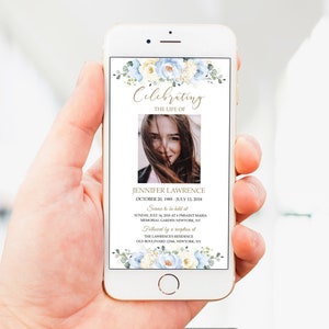 Dusty Blue Roses Funeral Evite Funeral Announcement Digital Invites Electronic Funeral Memorial Template Smartphone Funeral Evite #F29