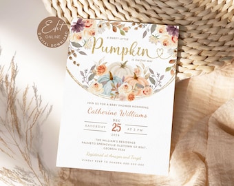 Pumpkin Baby Shower Invitation Template, A Little Pumpkin is On the Way Invite, Baby Shower, Autumn Pumpkin Baby Shower, Autumn Floral #BB66