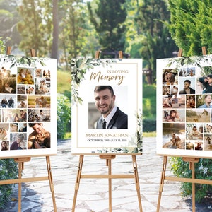 SET Funeral Sign Collage Templates, Greenery Funeral Photo Collage, Celebration of Life, Easel Display Memorial Poster, #F116C