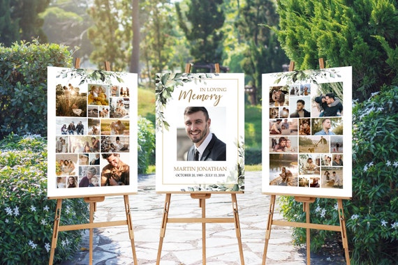 SET Funeral Sign Collage Templates, Greenery Funeral Photo Collage, Celebration of Life, Easel Display Memorial Poster, #F116C