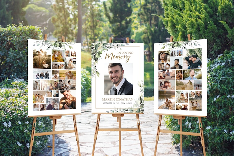 SET Funeral Heart Collage Templates, Greenery Funeral Photo Collage, Celebration of Life, Easel Display Memorial Poster