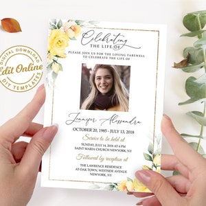 Invito funebre modificabile rose gialle, modello di annuncio funebre celebrazione floreale invito alla vita, servizio commemorativo stampabile F41