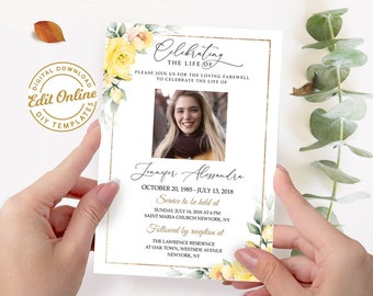 Puede incluir: Una tarjeta de condolencias blanca con un borde dorado y detalles florales amarillos. La tarjeta presenta una foto de una mujer y un texto que dice "Celebrating the Life of Jennyer Alessandre, October 20, 1985 - July 13, 2018. Service to be held at Sunday, July 14, 2018 at 6 PM Saint Maria Church Newyork, NY. Followed by reception at The Lawrence Residence at Oak Town, Westside Avenue Newyork, NY."