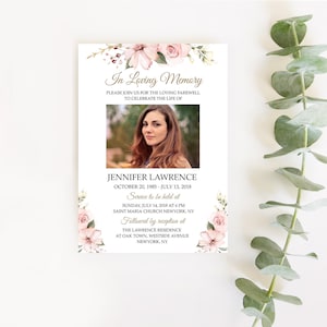 Editable Funeral Invitation blush pink rose, funeral Announcement template floral, celebration of life , printable memorial service F11