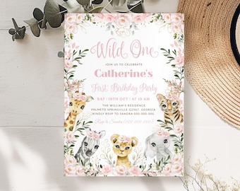 Wild One First Birthday Invitation, Wild One Birthday Invitation Safari Wild One Party Invite, Girl Birthday, Jungle Instant Download #BD25