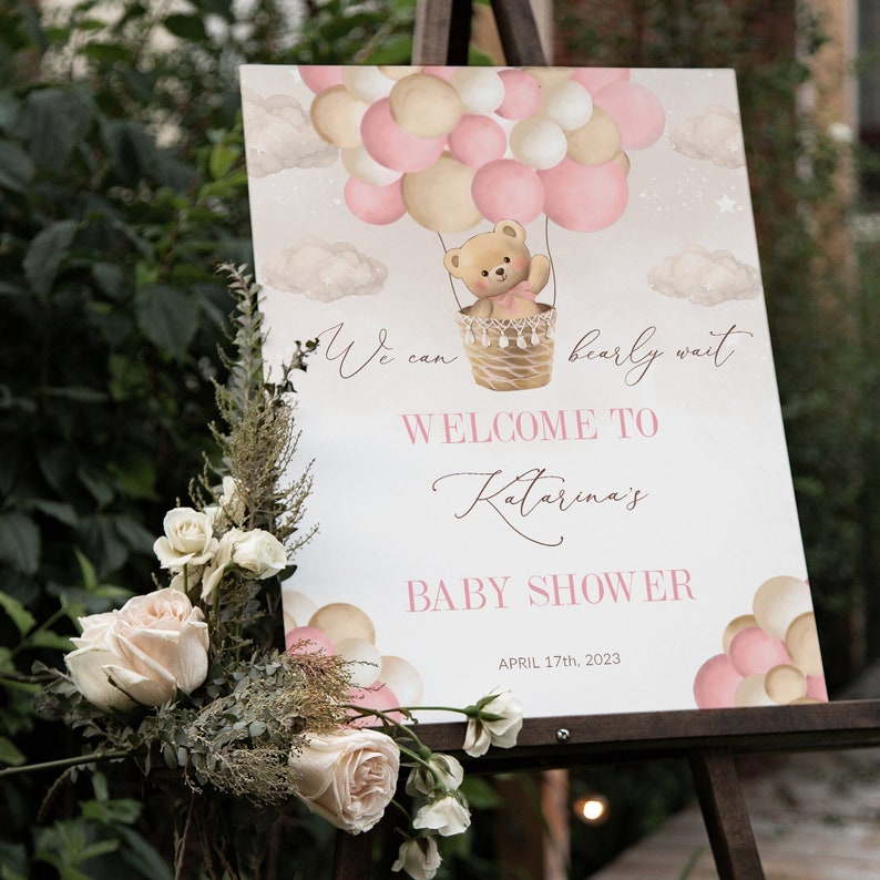 Editable Teddy Bear Baby Shower Welcome Sign, Bear Themed Baby Shower Welcome Sign, Printable Pink Balloon Girl Baby Shower Party Sign
