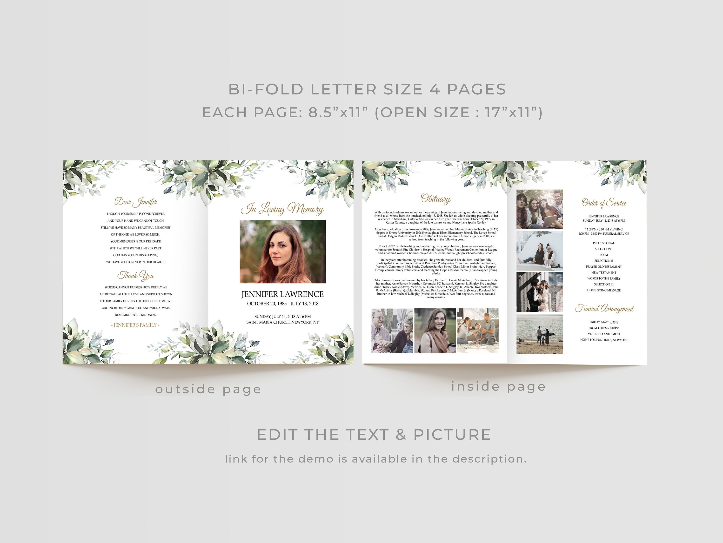 Editable Funeral Program Template Leaves Greenery Watercolour, Floral ...