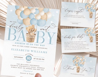 Editable Teddy Bear Hot Air Balloon Bear Theme Baby Shower Invitation We Can Bearly Wait Invites Template Instant Download #BB53