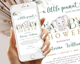 May include: A digital invitation for a baby shower with a green and gold colour scheme. The invitation features a cute cartoon elephant and the text "a little peanut is on the way". The invitation also includes the name "Katarina Williams" and the date and time of the shower.