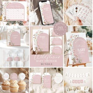 Pacote de convites para chá de bebê editável Baby in Bloom para impressão, jogos de convites para chá de bebê com flores silvestres, decorações florais para chá de bebê #BB88