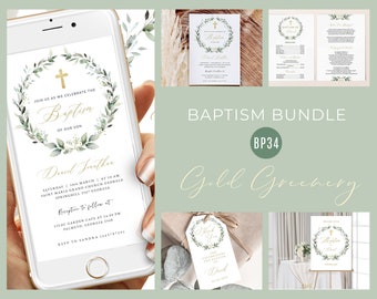 Baptism Invitation Bundle, Christening Bundle, Greenery Leaves Foliage Christening, Editable Bundle, Baptism Package, Green Baptism, #BP34