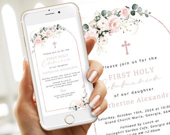 Digital First Holy Communion Text Invitation Template Rustic Pink Flowers Holy Communion Invite, Editable, Electronic Instant Download #HC84
