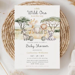 A Little Wild One is on the Way Safari Baby Shower Invitation Template, Jungle Theme Boy Shower, Greenery, Editable Instant Download BB229