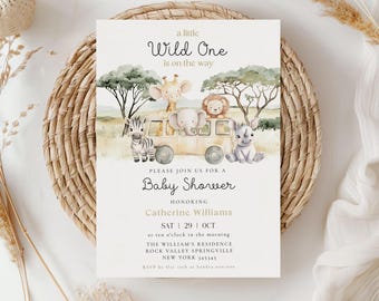 A Little Wild One is on the Way Safari Baby Shower Invitation Template, Jungle Theme Boy Shower, Greenery, Editable Instant Download BB229