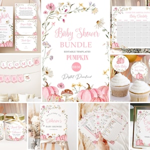 Bearbeitbare kleine Kürbis-Fall-Baby Shower Bundle-Vorlage Rosa Kürbis Floral Girl-Baby-Dusche Bundle-Dusche Kürbis Sofort-Download #BB38