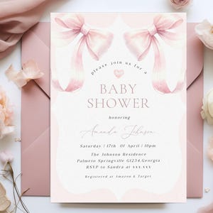 Editable Pink Bow Baby Shower Invitation Template Printable Baby Girl Pink Coquette Baby Shower Invite, Printable Instant Download #BB125
