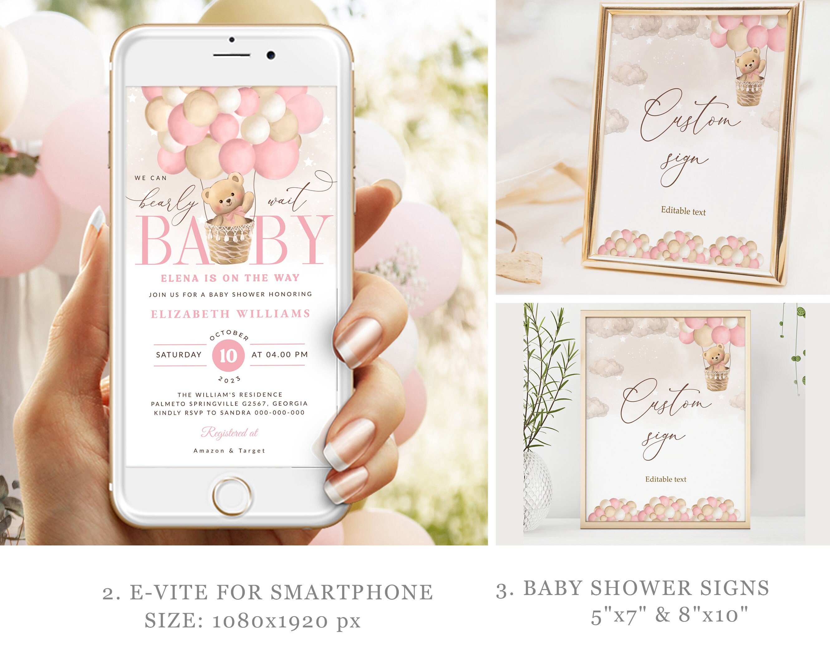 Pink Bear Baby Shower Bundle Air Balloon Invitation Bundle Pink Girl ...