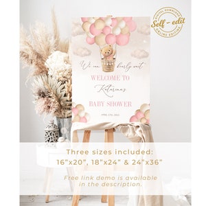 Editable Teddy Bear Baby Shower Welcome Sign, Bear Themed Baby Shower Welcome Sign, Printable Pink Balloon Girl Baby Shower Party Sign