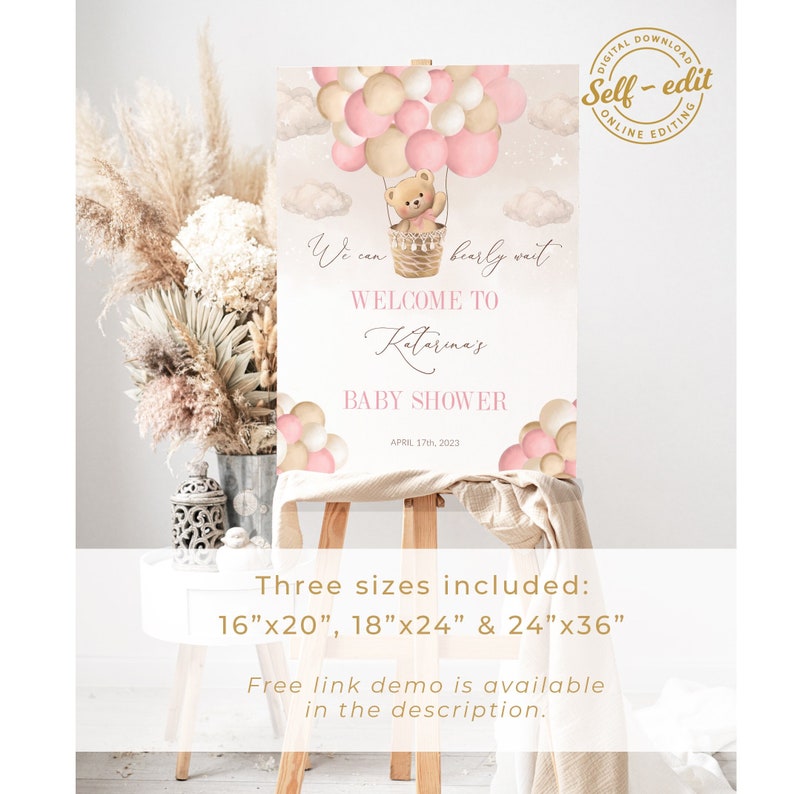 Editable Teddy Bear Baby Shower Welcome Sign, Bear Themed Baby Shower Welcome Sign, Printable Pink Balloon Girl Baby Shower Party Sign