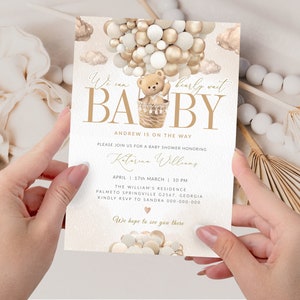 Editable Teddy Bear Hot Air Balloon Baby Shower InvitationTemplate Brown Bear We Can Bearly Wait Shower Printable Instant Download BB29