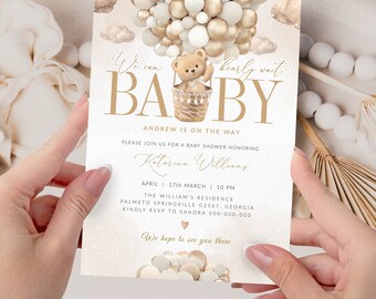Modèle d'invitation de douche de bébé en montgolfière modifiable Ours brun We can Bearly Wait Shower imprimable Téléchargement instantané BB29