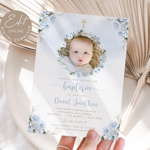 Modèle d'invitation de baptême modifiable, fleurs bleues de photo de baptême, carte d'invitation de baptême bleu imprimable baptême pour garçon téléchargement immédiat #BP46