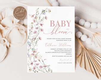 Girls Baby Shower Invitation Template, Baby In Bloom Invite Pink Wildflower, Printable Shower, Instant Download, Baby Shower Invitation BB73