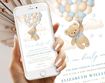 Invito per baby shower a tema orsetto di peluche e palloncini, orsetto blu, invito digitale modificabile.