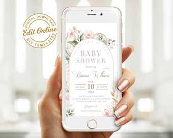 DIGITAL Baby Shower Invitation, Electronic, Girl Baby Shower Invite, Editable, It's a Girl, Blush Pink Floral, Textable, Evite #BB126
