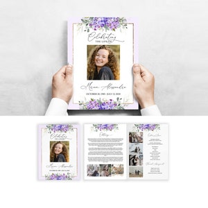 Plantilla de programa funerario editable con rosas lilas moradas Programa de servicio conmemorativo floral Programa de obituario Bi-Fold 8.5"x11" Tamaño carta #F42