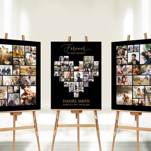 Funeral Photo Collage Sign Set Templates, Black Gold Funeral Welcome Sign Celebration of Life, In Loving Memory Memorial Poster Size | F34CL