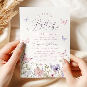 Editable Butterfly Baby Shower Invitation, Purple Butterfly Invite Template, Butterfly Baby Shower Girl, Butterflies and Flowers Pink