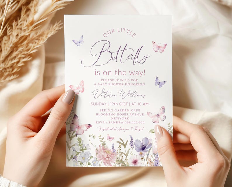 Editable Butterfly Baby Shower Invitation, Purple Butterfly Invite Template, Butterfly Baby Shower Girl, Butterflies and Flowers Pink