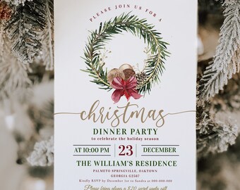 May include: A Christmas dinner party invitation with a watercolor wreath design. The invitation includes the text "Christmas Dinner Party" and details for the event, including the date, time, and location. The invitation also requests a secret Santa gift.