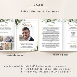 Editable Funeral Program Template, Funeral Memorial, Greenery Order Of Service, Celebration Of Life Program, Instant download
